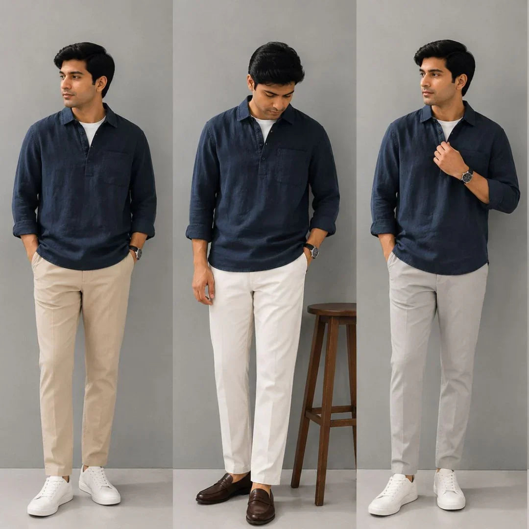 Linen Relaxed Fit Kurta Shirt - Blue
