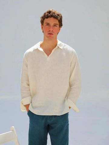 Old Money V-Neck Linen Shirt Beige