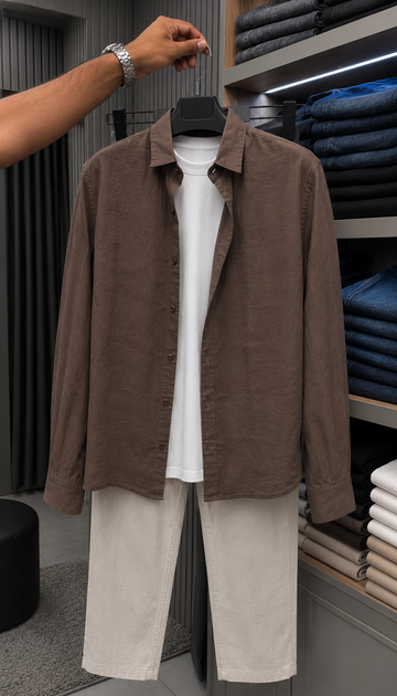 French Edition Signature Linen Top & Bottom Set - Brown & Beige
