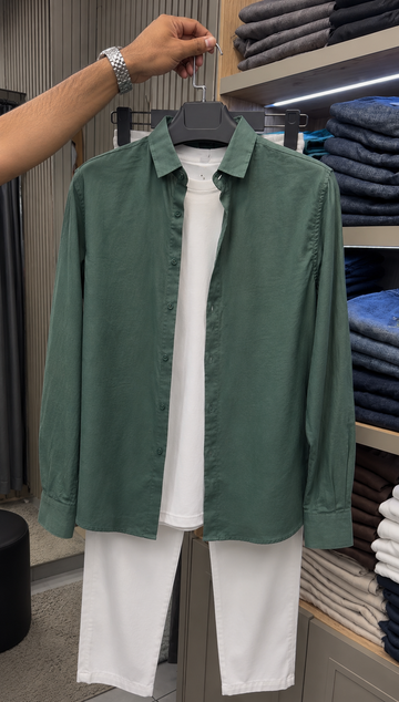 French Edition Signature Linen Top & Bottom Set - Olive Green & White