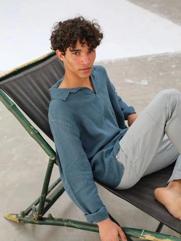 Old Money V-Neck Linen Shirt Blue