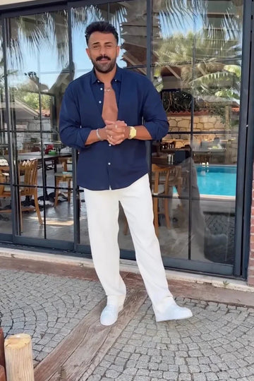Linen Luxury Top & Bottom Set  Blue & White