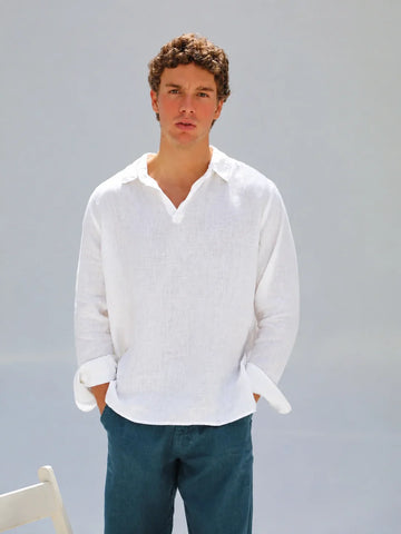 Old Money V-Neck Linen Shirt White